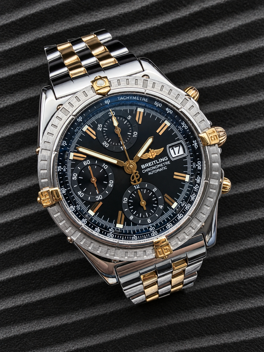 ORIGINAL BREITLING B13352 CHRONOMAT GT BLACK DIAL STAHL / GOLD PILOTBAND FULLSET