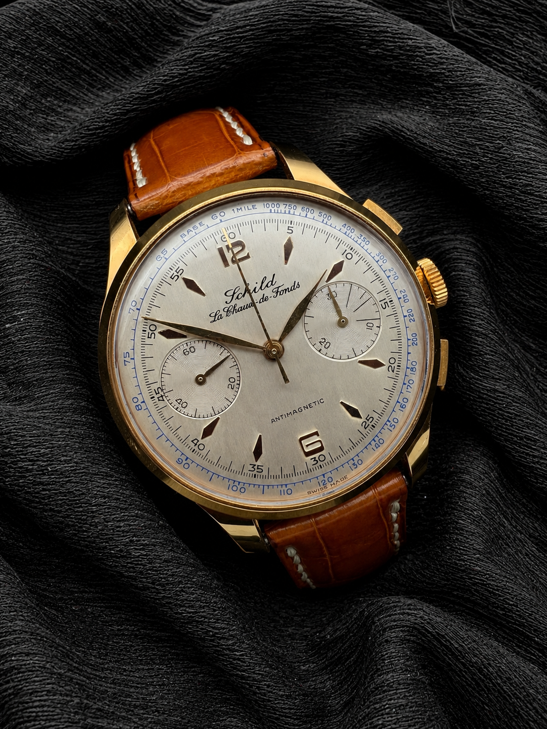 VINTAGE OTTO SCHILD LA CHAUX DE FONDS VENUS 188 HANDAUFZUG GOLD CHRONOGRAPH UHR