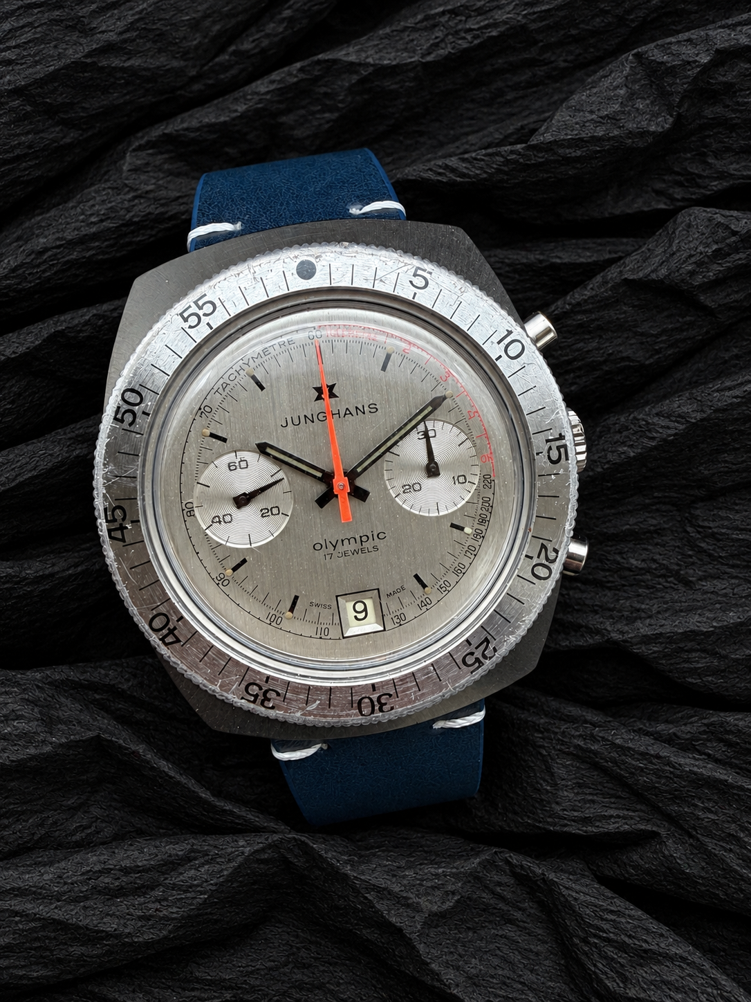 ORIGINAL 1973 JUNGHANS OLYMPIC CHRONOGRAPH 7734 VALJOUX HANDAUFZUG 688.10 DATUM