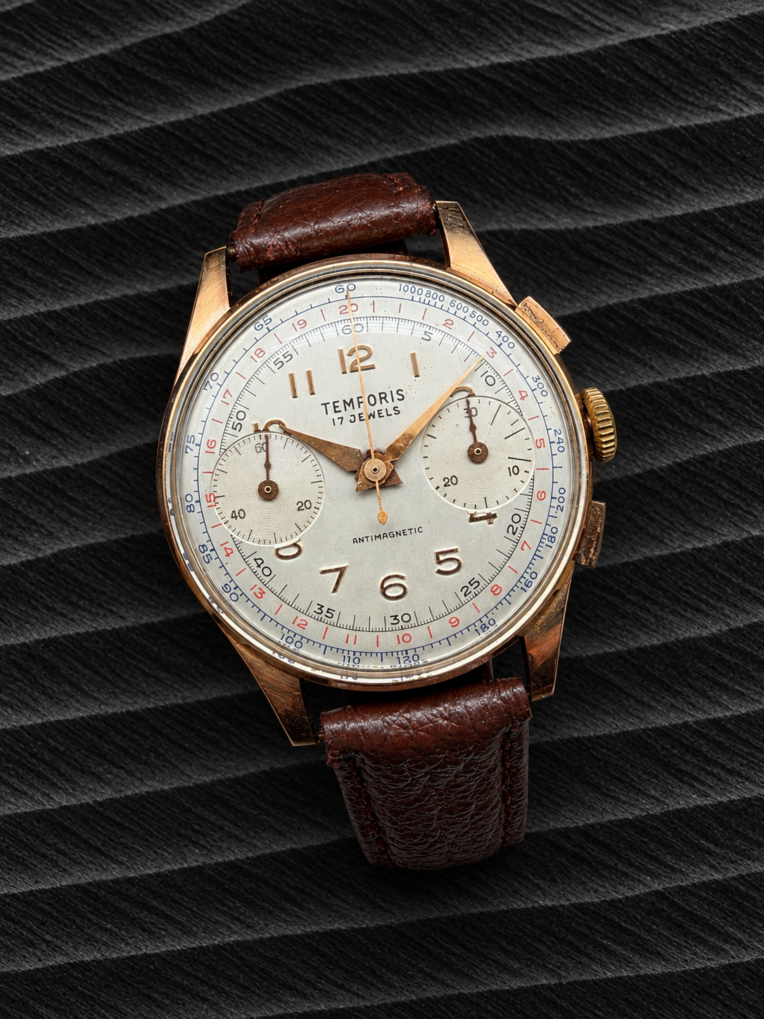 VINTAGE TEMPORIS ANTIMAGNETIC CHRONOGRAPH HANDAUFZUG 750 18 KARAT GELBGOLD GOLD