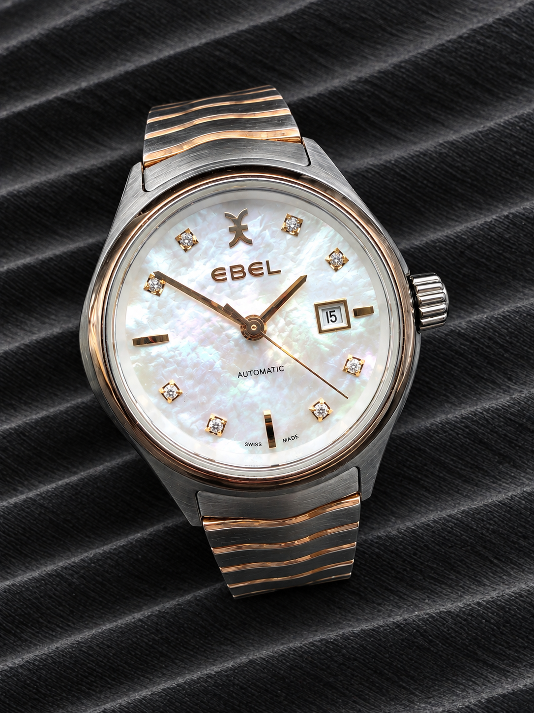 ORIGINAL EBEL WAVE LADY MOP DIAMANT PERLMUTT 30mm STAHL / ROTGOLD AUTOMATIK 03.1.15.1036 GLASBODEN