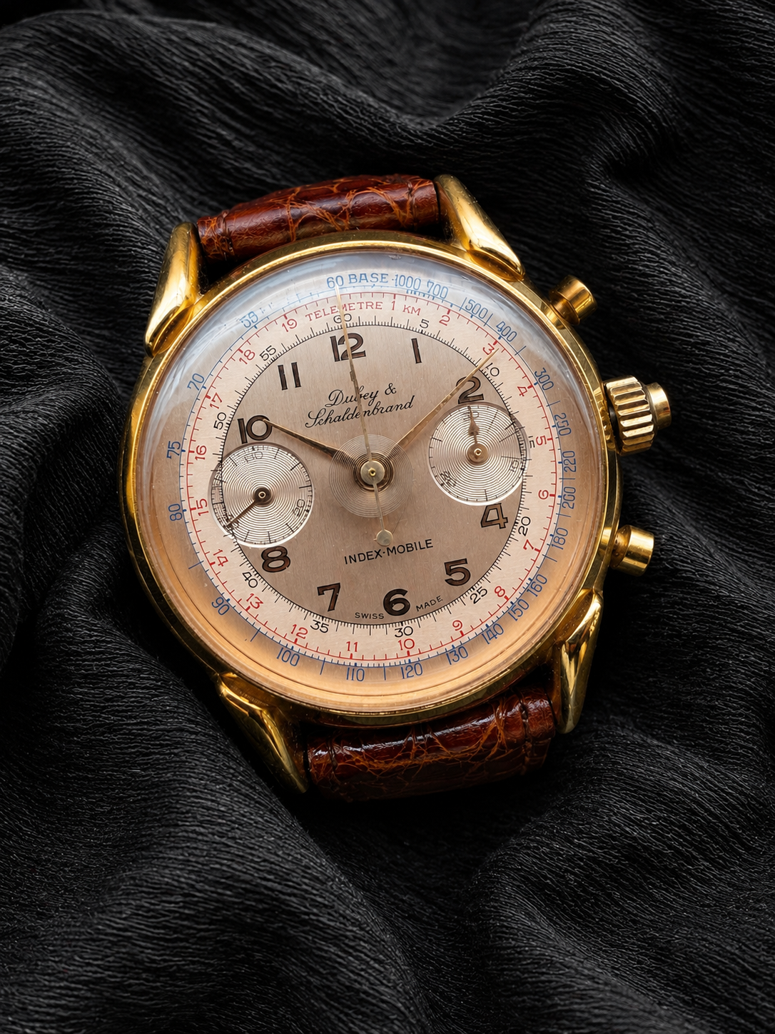 ORIGINAL DUBEY SCHALDENBRAND INDEX MOBILE GOLD CHRONOGRAPH HANDAUFZUG GLASBODEN
