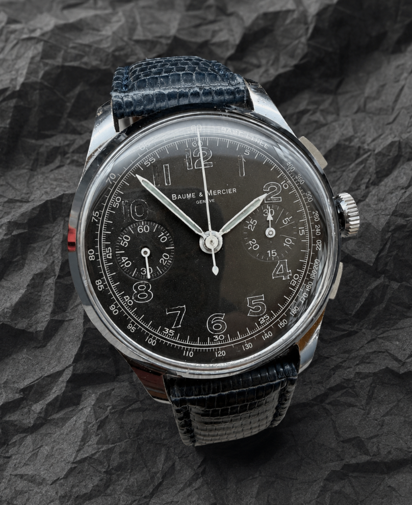 ORIGINAL BAUME & MERCIER VINTAGE CHRONOGRAPH HANDAUFZUG 35mm BLACK DIAL SAMMLER