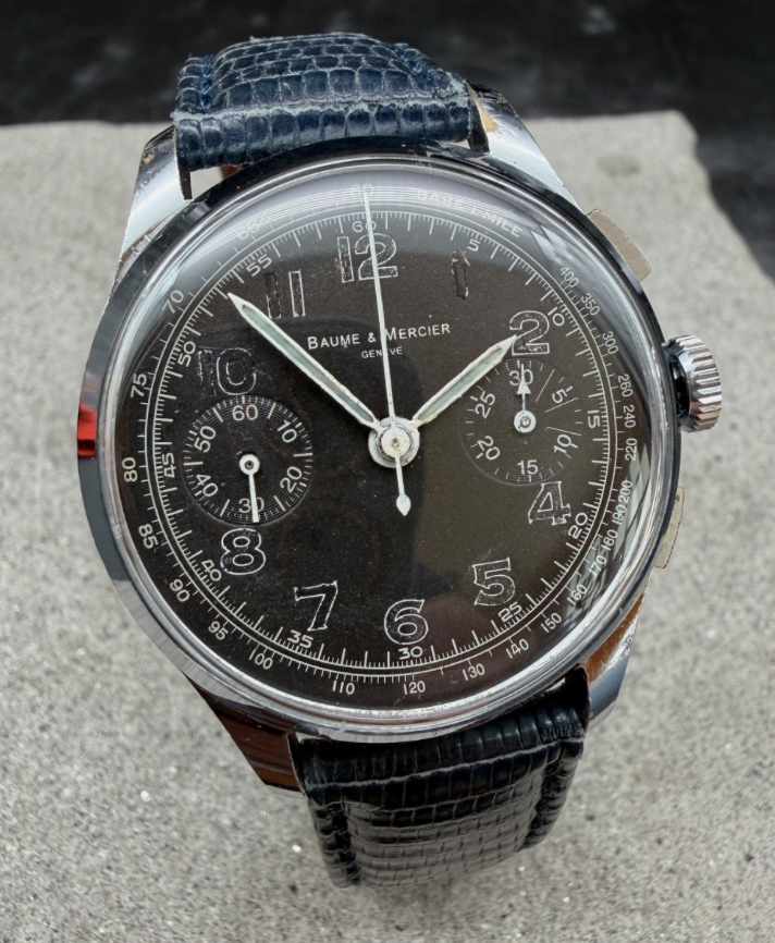ORIGINAL BAUME & MERCIER VINTAGE CHRONOGRAPH HANDAUFZUG 35mm BLACK DIAL SAMMLER