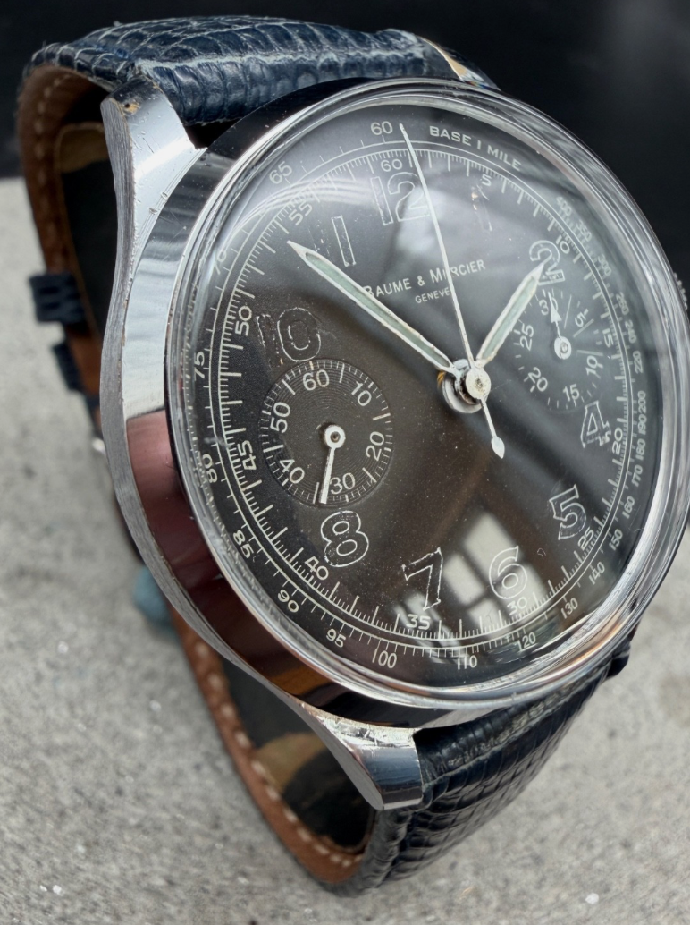 ORIGINAL BAUME & MERCIER VINTAGE CHRONOGRAPH HANDAUFZUG 35mm BLACK DIAL SAMMLER