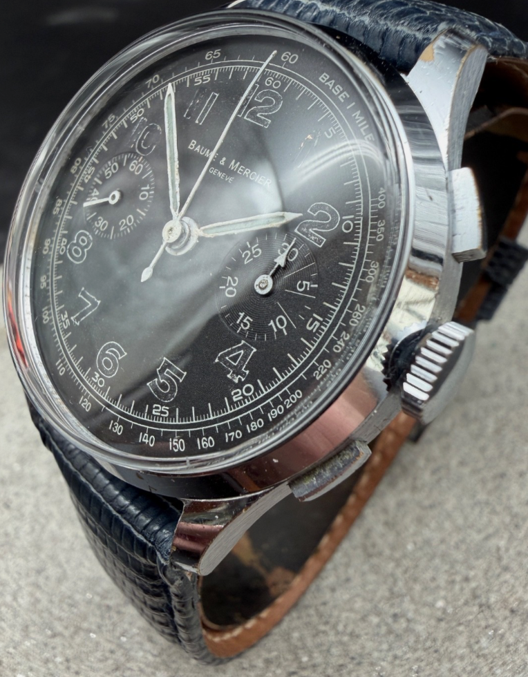 ORIGINAL BAUME & MERCIER VINTAGE CHRONOGRAPH HANDAUFZUG 35mm BLACK DIAL SAMMLER