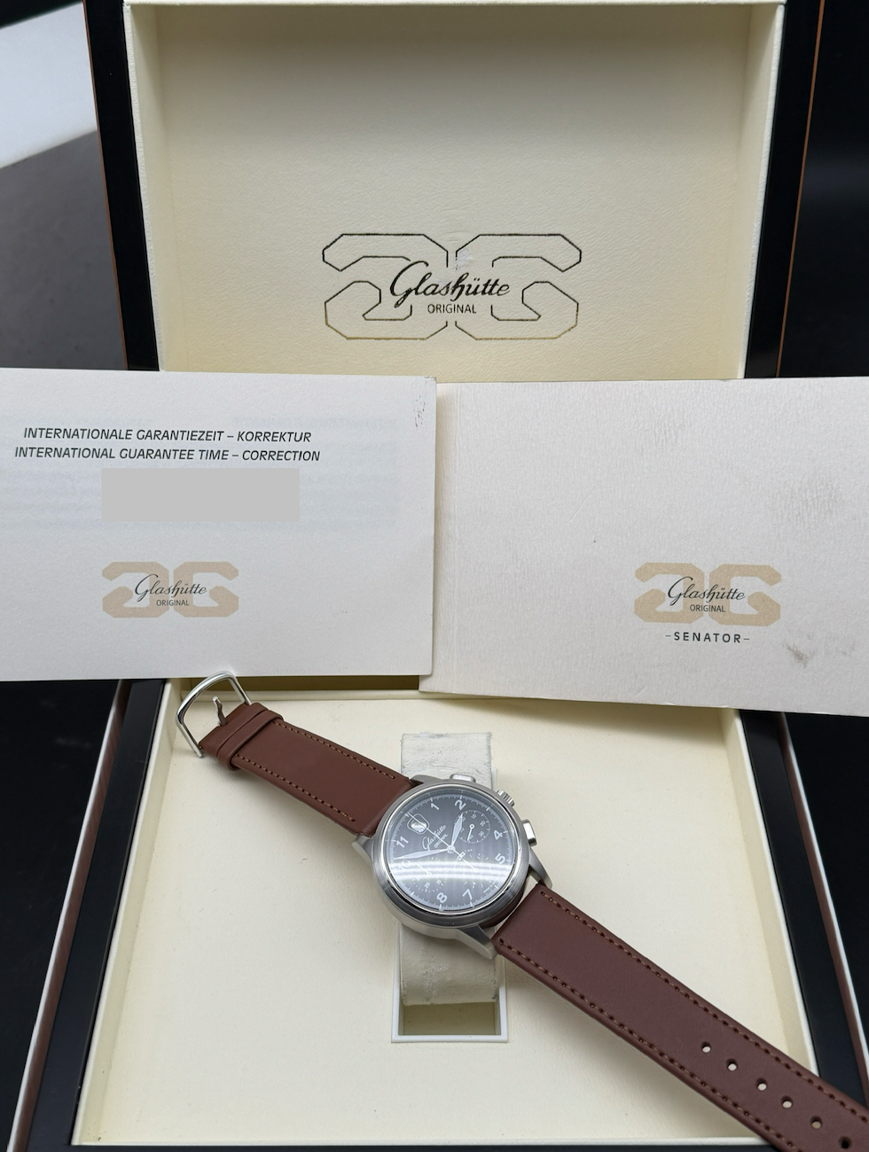 LUXUS GLASHÜTTE ORIGINAL SENATOR NAVIGATOR CHRONOGRAPH GLASBODEN BOX & PAPIERE