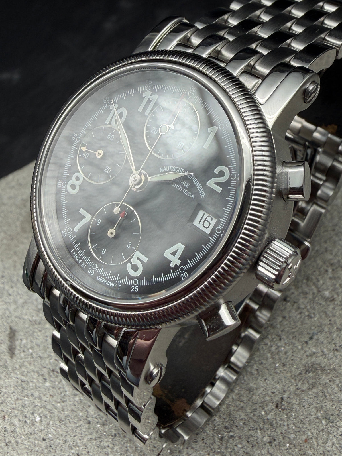 ORIGINAL MÜHLE GLASHÜTTE M1 CHRONOGRAPH II NAUTISCHE INSTRUMENTE GLASBODEN UHR