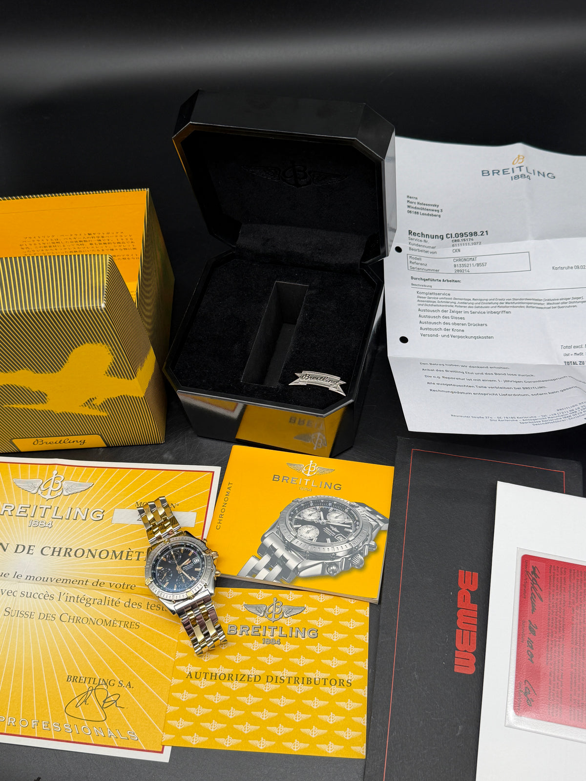 ORIGINAL BREITLING B13352 CHRONOMAT GT BLACK DIAL STAHL / GOLD PILOTBAND FULLSET