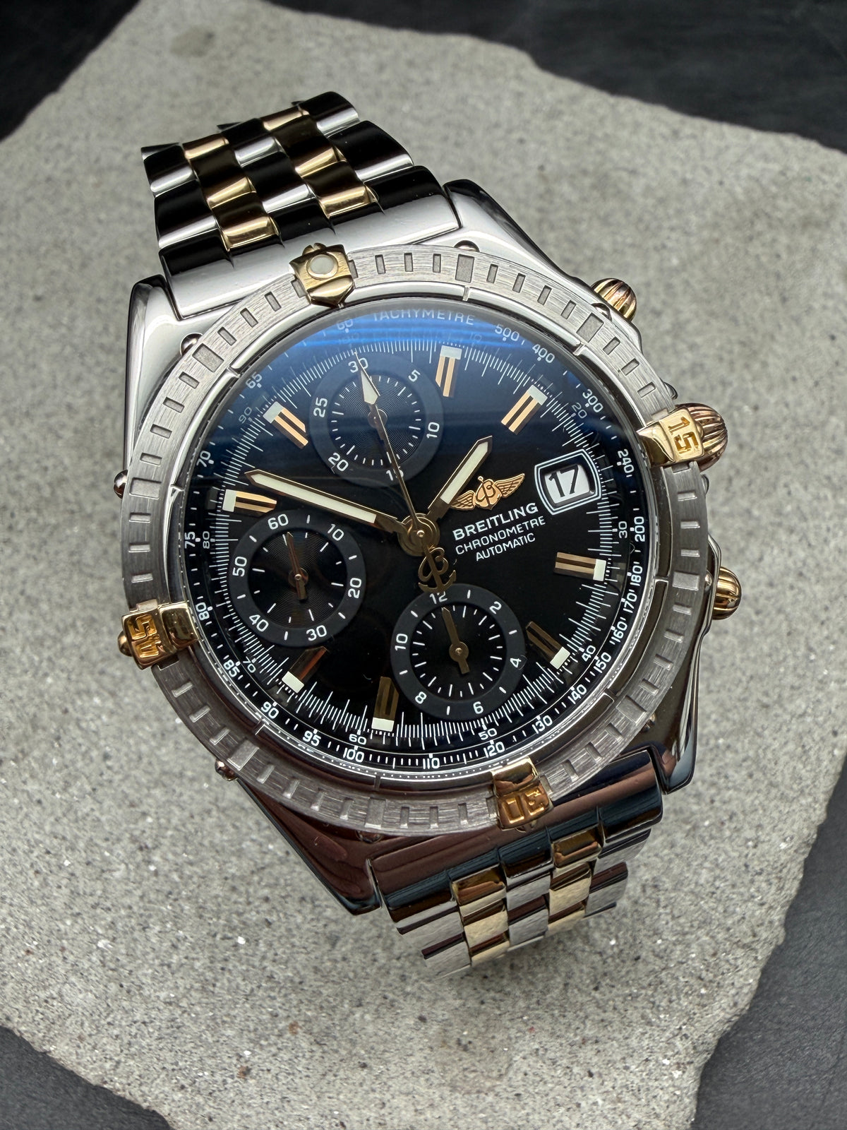 ORIGINAL BREITLING B13352 CHRONOMAT GT BLACK DIAL STAHL / GOLD PILOTBAND FULLSET
