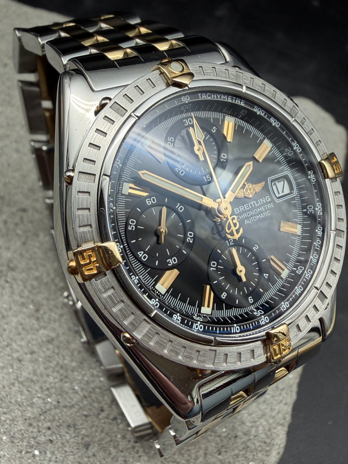 ORIGINAL BREITLING B13352 CHRONOMAT GT BLACK DIAL STAHL / GOLD PILOTBAND FULLSET