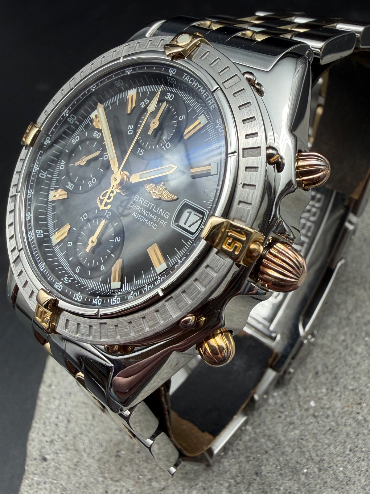 ORIGINAL BREITLING B13352 CHRONOMAT GT BLACK DIAL STAHL / GOLD PILOTBAND FULLSET