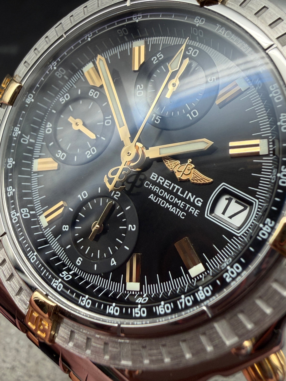 ORIGINAL BREITLING B13352 CHRONOMAT GT BLACK DIAL STAHL / GOLD PILOTBAND FULLSET