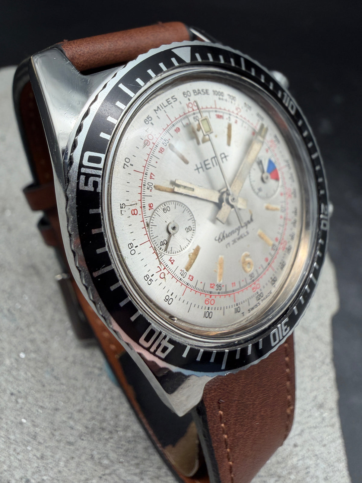 VINTAGE HEMA AQUASPOT YACHTING CHRONOGRAPH HANDAUFZUG 1006-10 EDELSTAHL DIVER