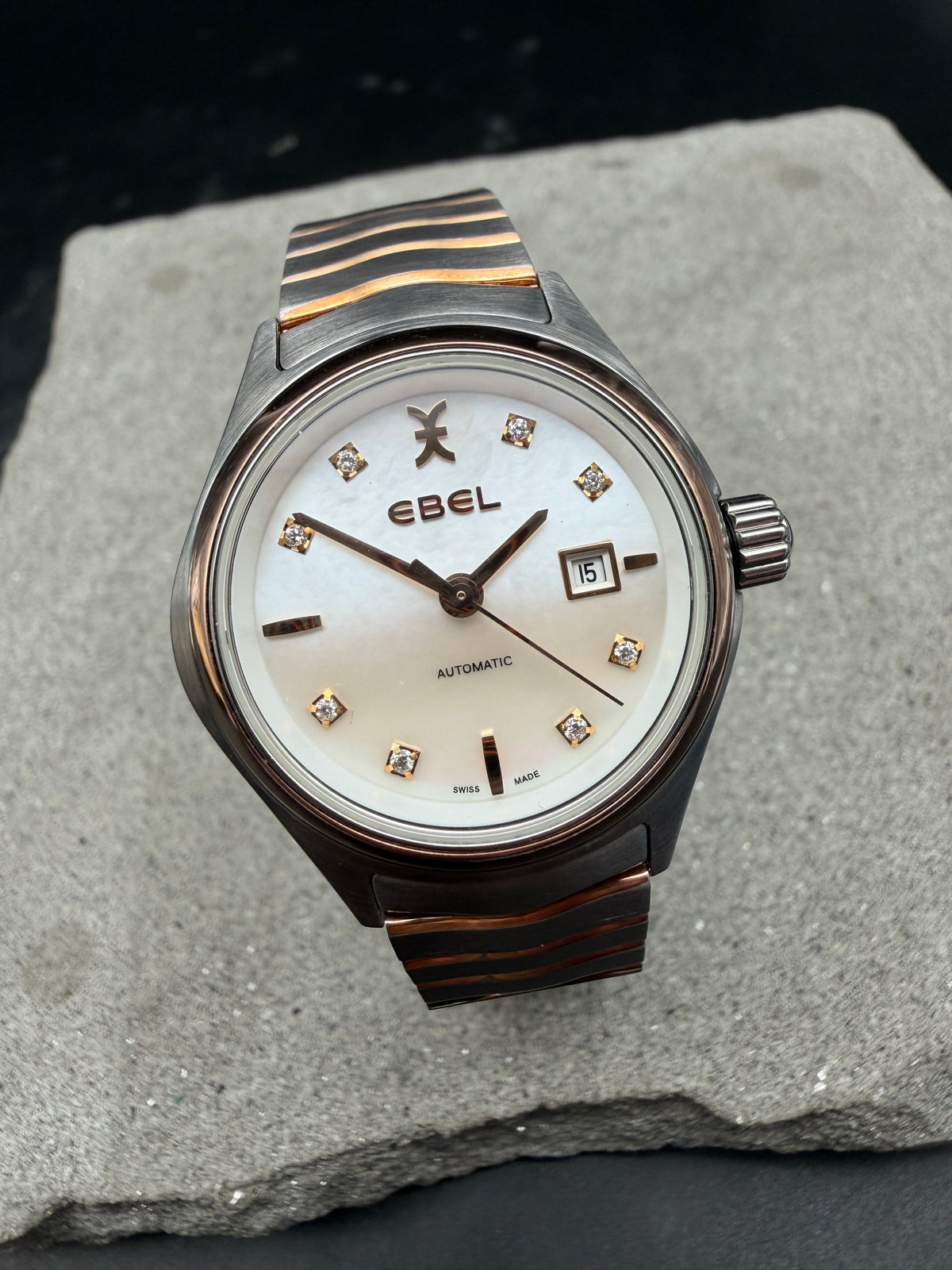 ORIGINAL EBEL WAVE LADY MOP DIAMANT PERLMUTT 30mm STAHL / ROTGOLD AUTOMATIK 03.1.15.1036 GLASBODEN
