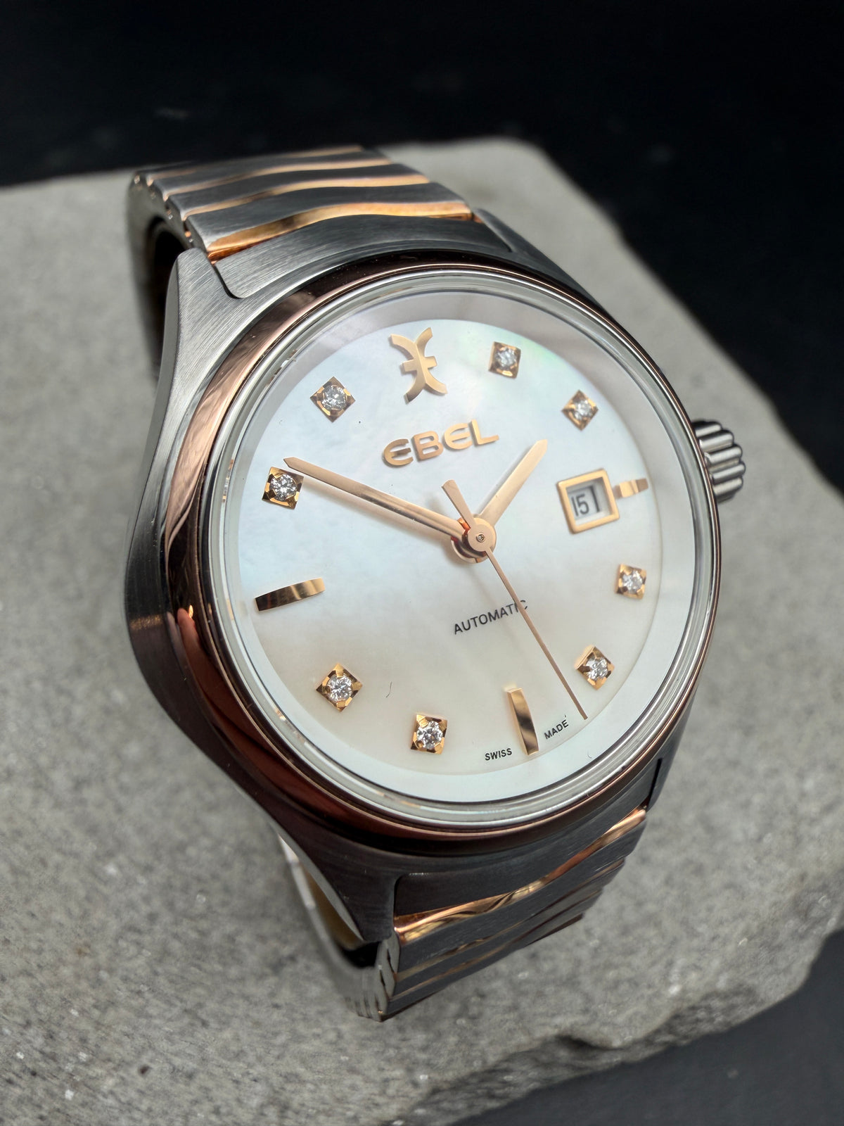 ORIGINAL EBEL WAVE LADY MOP DIAMANT PERLMUTT 30mm STAHL / ROTGOLD AUTOMATIK 03.1.15.1036 GLASBODEN
