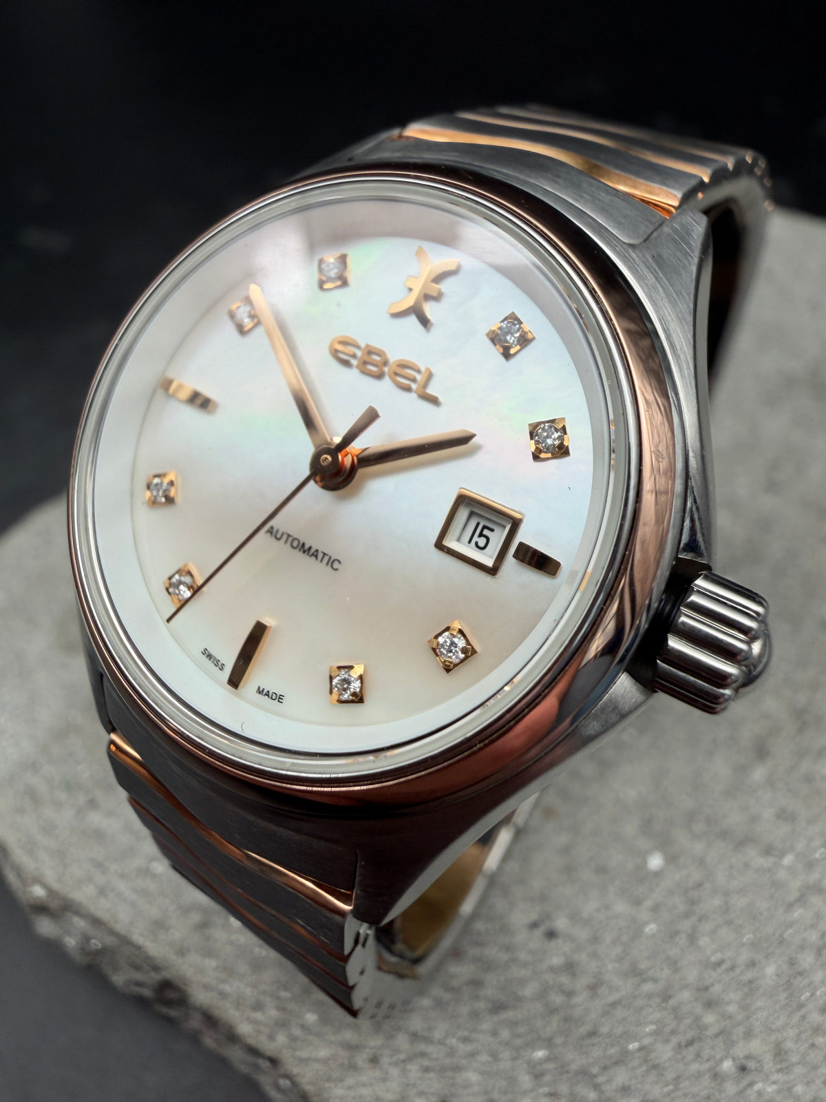 ORIGINAL EBEL WAVE LADY MOP DIAMANT PERLMUTT 30mm STAHL / ROTGOLD AUTOMATIK 03.1.15.1036 GLASBODEN