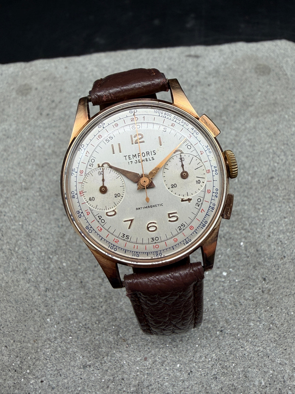VINTAGE TEMPORIS ANTIMAGNETIC CHRONOGRAPH HANDAUFZUG 750 18 KARAT GELBGOLD GOLD