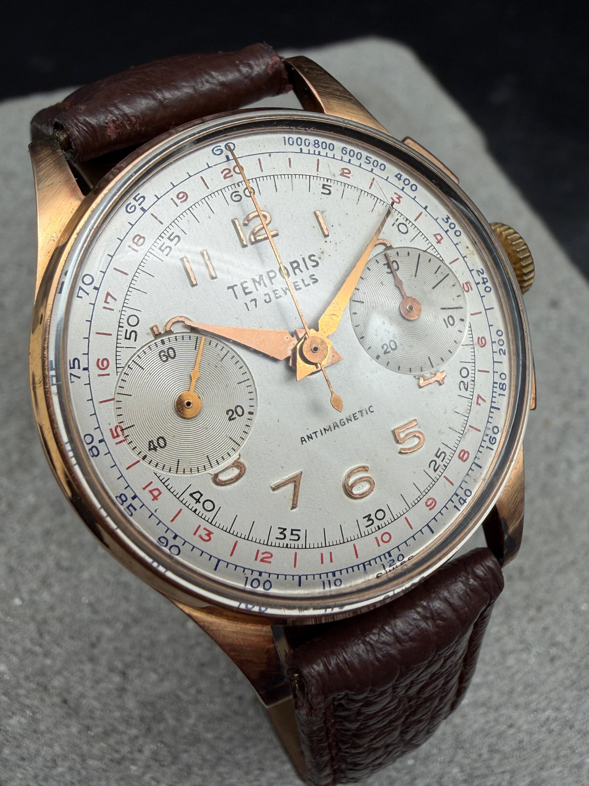 VINTAGE TEMPORIS ANTIMAGNETIC CHRONOGRAPH HANDAUFZUG 750 18 KARAT GELBGOLD GOLD