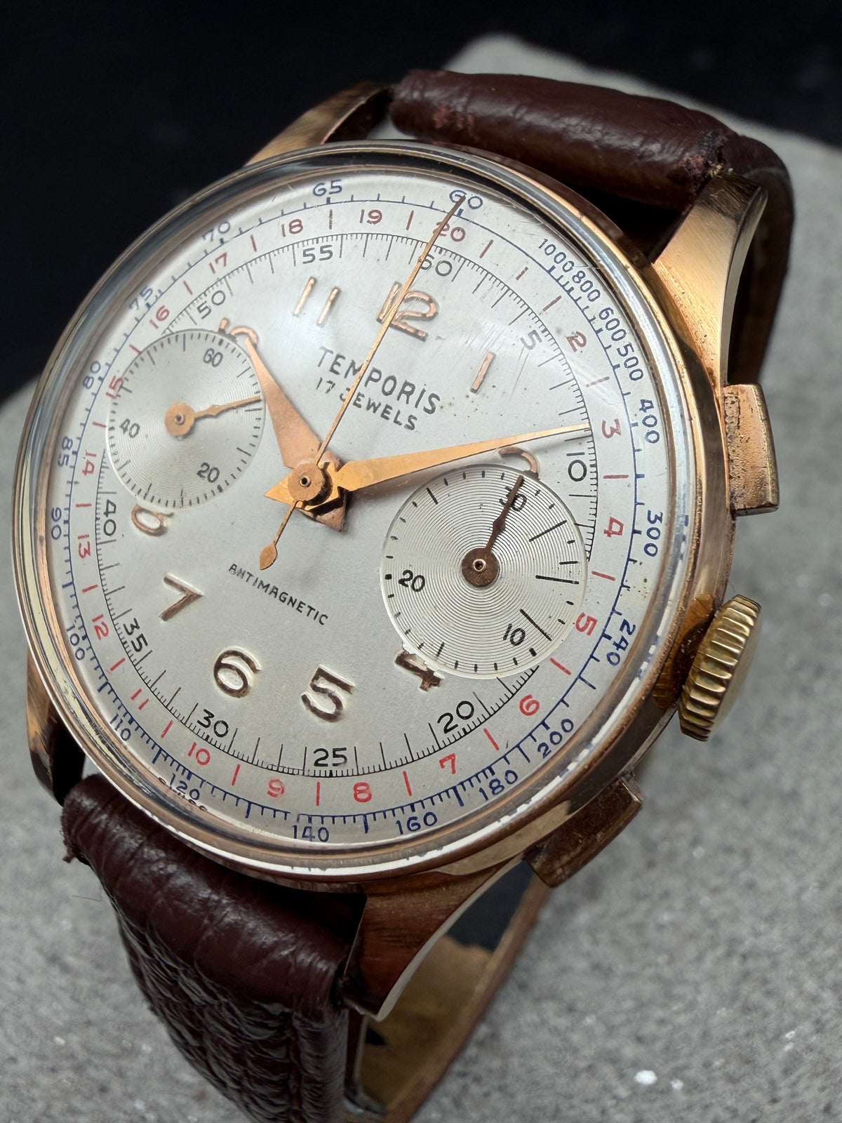 VINTAGE TEMPORIS ANTIMAGNETIC CHRONOGRAPH HANDAUFZUG 750 18 KARAT GELBGOLD GOLD
