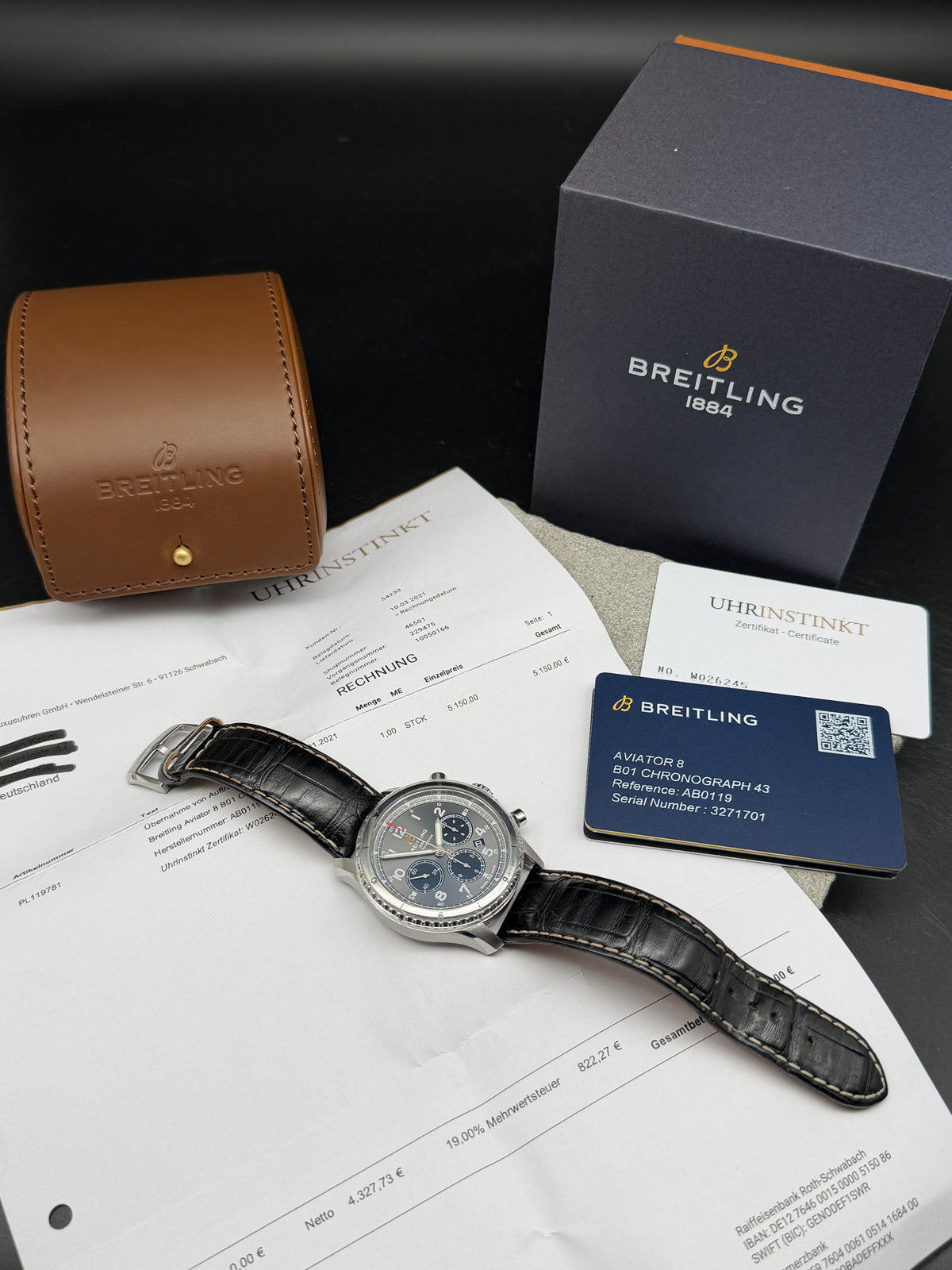 ORIGINAL 2021 BREITLING AVIATOR 8 B01 CHRONOMETER AB0119 CHRONOGRAPH FULLSET DE