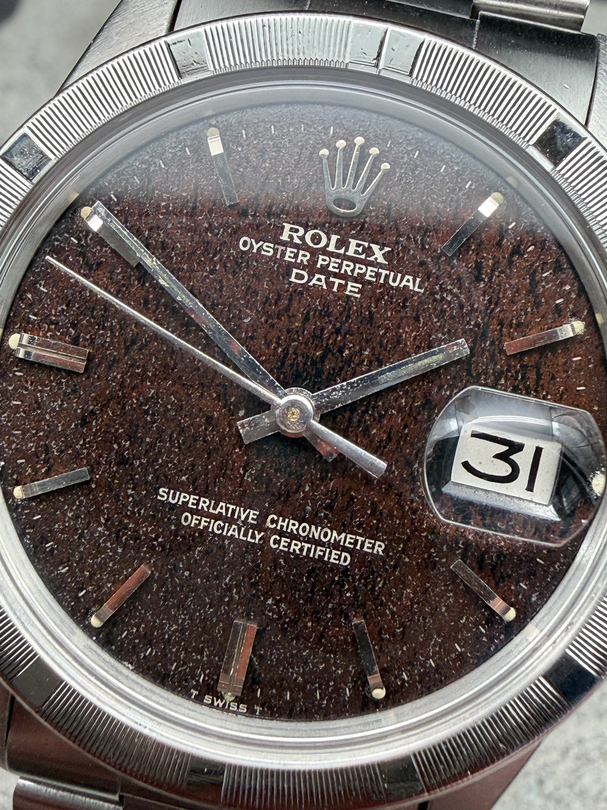 ORIGINAL 1970 ROLEX 1501 OYSTER PERPETUAL DATE 34mm CONFETTI BROWN OYSTERBAND