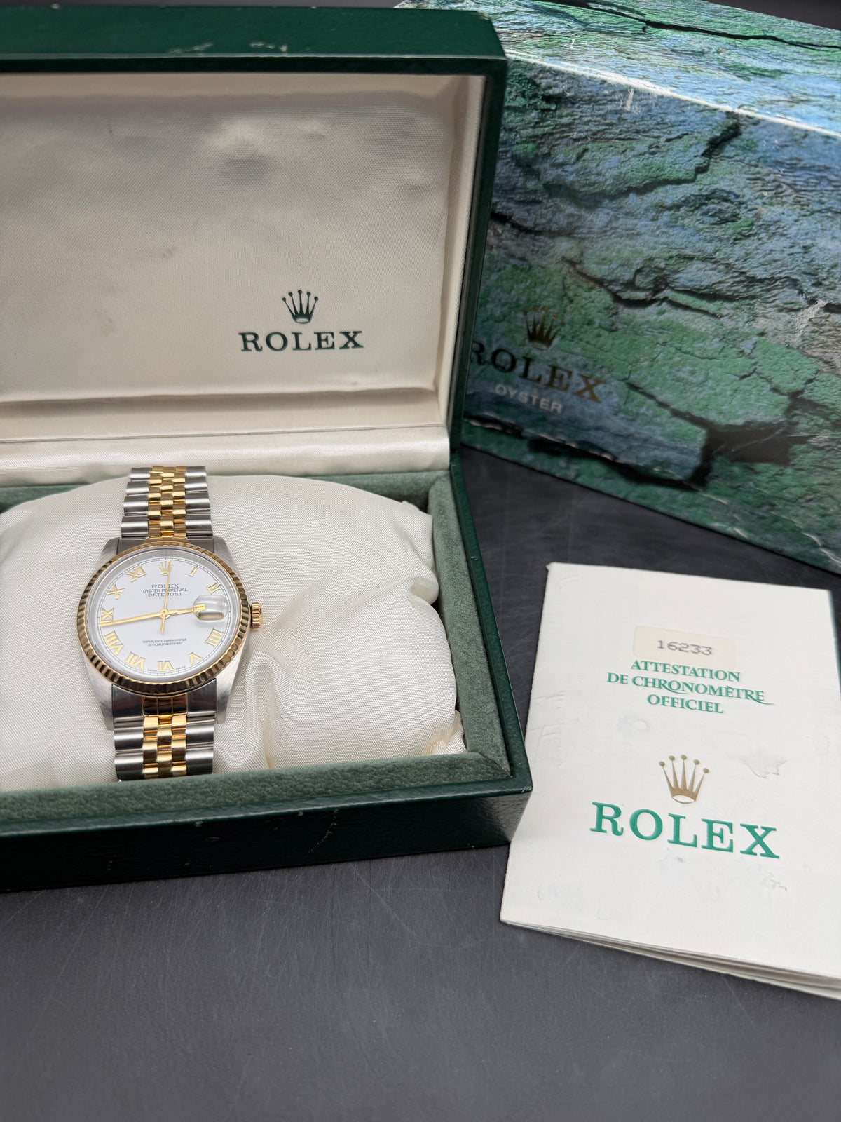 ORIGINAL 1990 ROLEX DATEJUST 36 STAHL / GOLD 16233 HERRENUHR WHITE ROMAN FULLSET