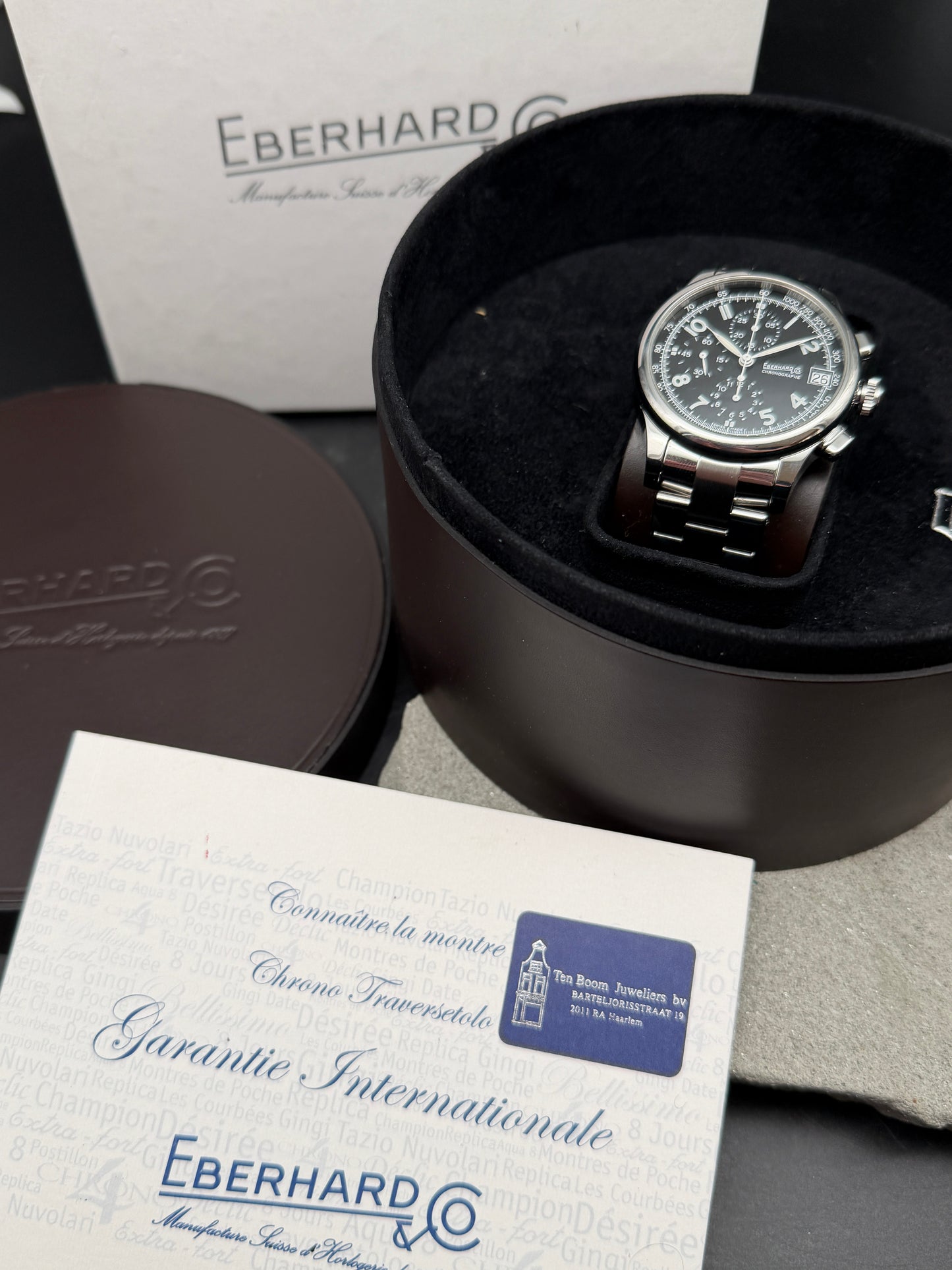 ORIGINAL EBERHARD CO TRAVERSETOLO CHRONOGRAPH AUTOMATIK GLASBODEN FULL SET B&P