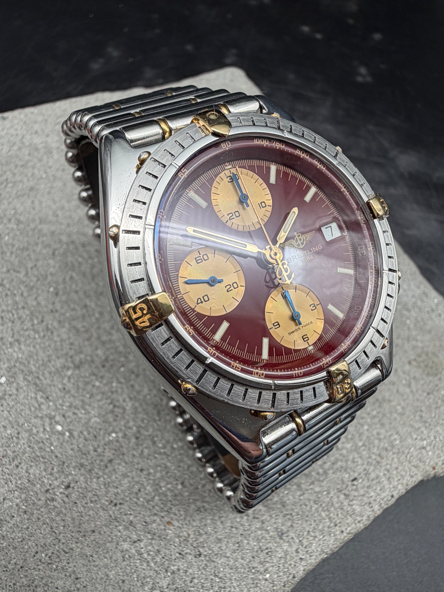 ORIGINAL BREITLING B13047 CHRONOMAT BURGUNDY RED STAHL / GOLD ROULEAUX 39mm UHR
