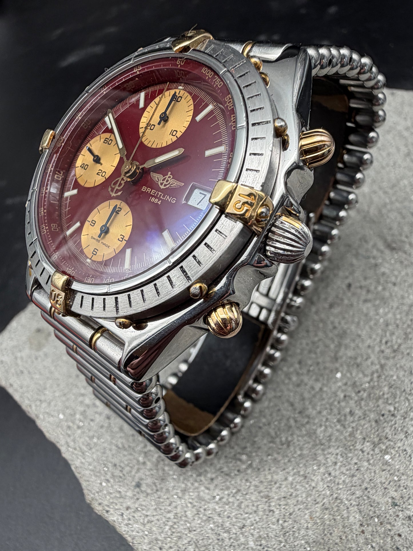 ORIGINAL BREITLING B13047 CHRONOMAT BURGUNDY RED STAHL / GOLD ROULEAUX 39mm UHR