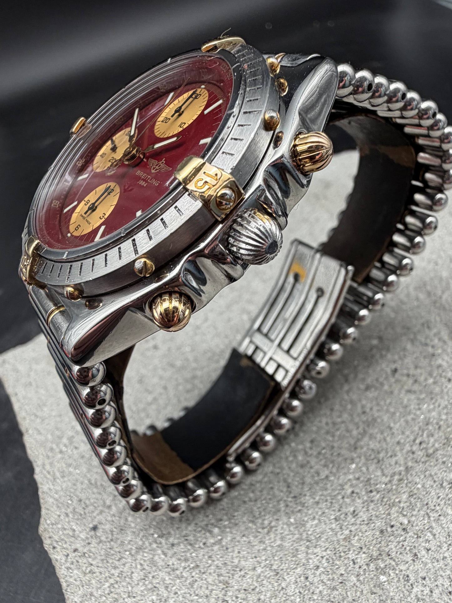 ORIGINAL BREITLING B13047 CHRONOMAT BURGUNDY RED STAHL / GOLD ROULEAUX 39mm UHR