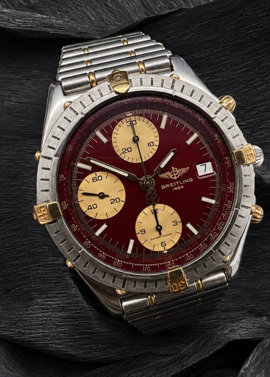 ORIGINAL BREITLING B13047 CHRONOMAT BURGUNDY RED STAHL / GOLD ROULEAUX 39mm UHR