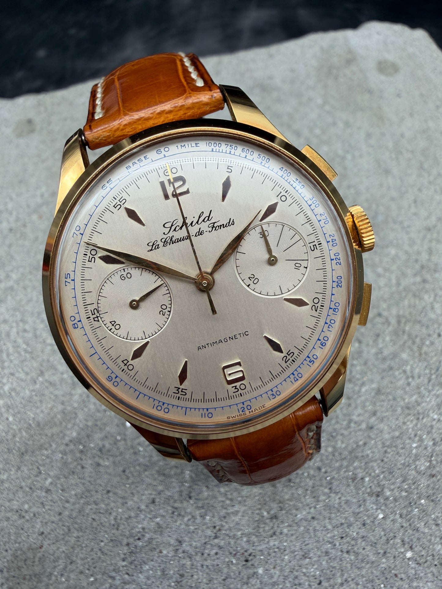 VINTAGE OTTO SCHILD LA CHAUX DE FONDS VENUS 188 HANDAUFZUG GOLD CHRONOGRAPH UHR