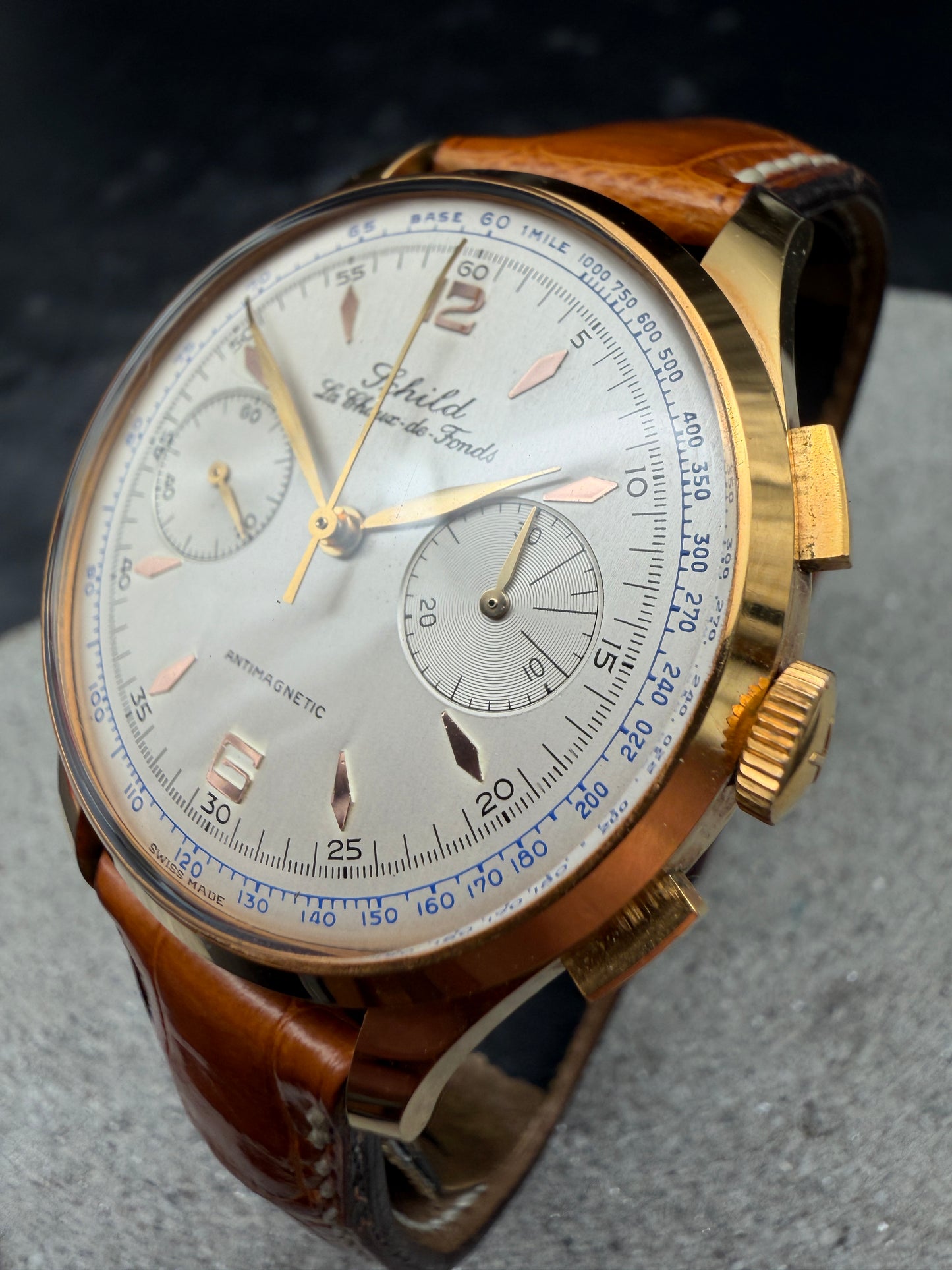 VINTAGE OTTO SCHILD LA CHAUX DE FONDS VENUS 188 HANDAUFZUG GOLD CHRONOGRAPH UHR