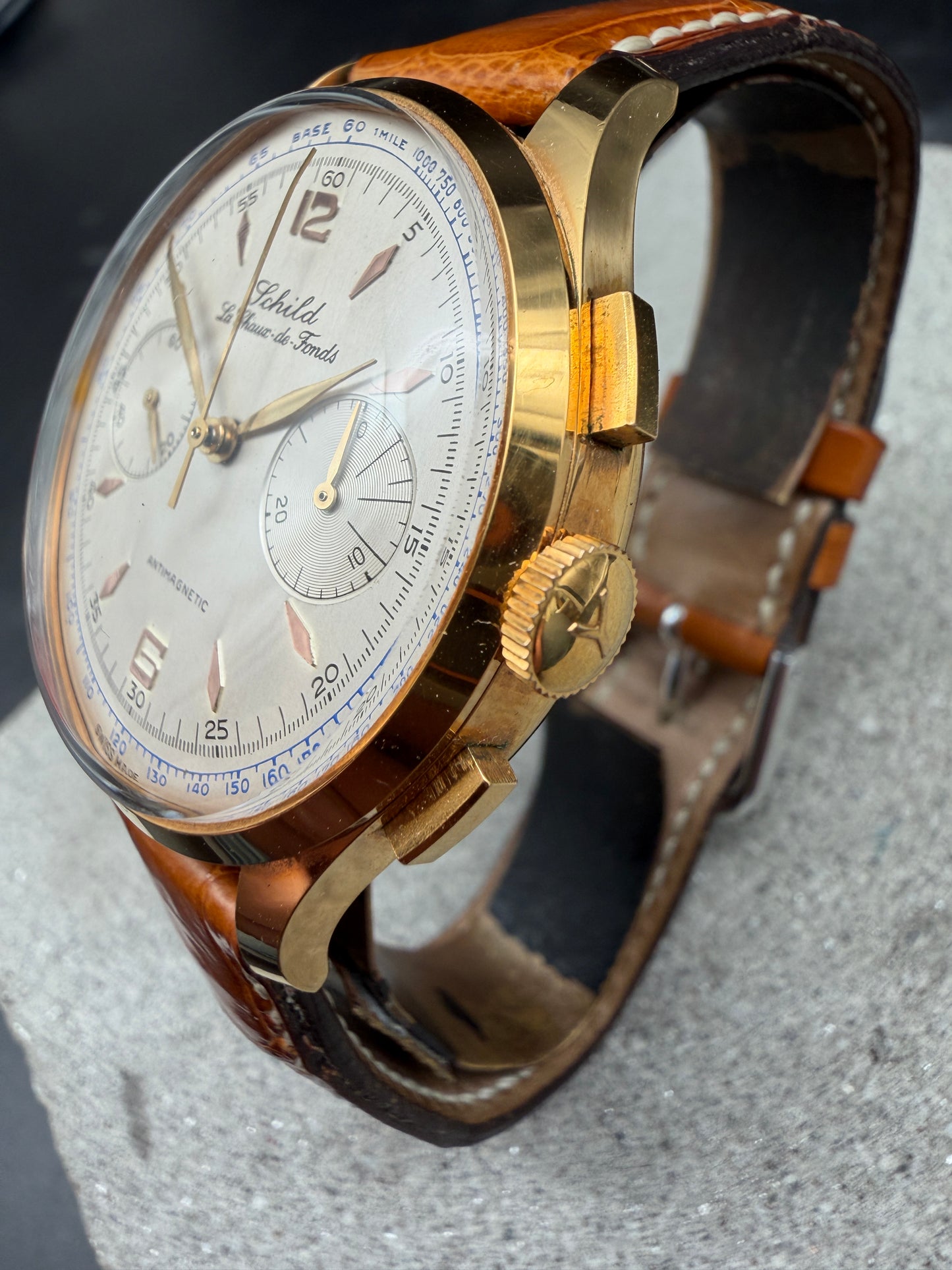 VINTAGE OTTO SCHILD LA CHAUX DE FONDS VENUS 188 HANDAUFZUG GOLD CHRONOGRAPH UHR