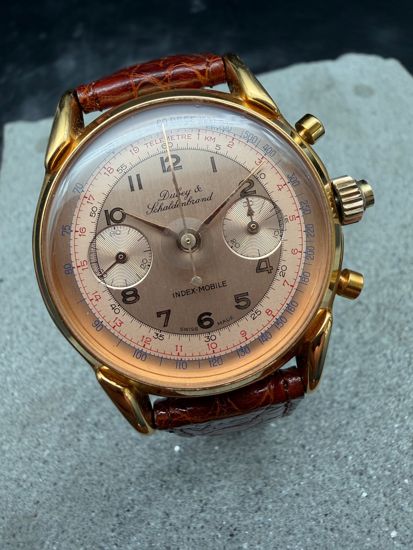 ORIGINAL DUBEY SCHALDENBRAND INDEX MOBILE GOLD CHRONOGRAPH HANDAUFZUG GLASBODEN