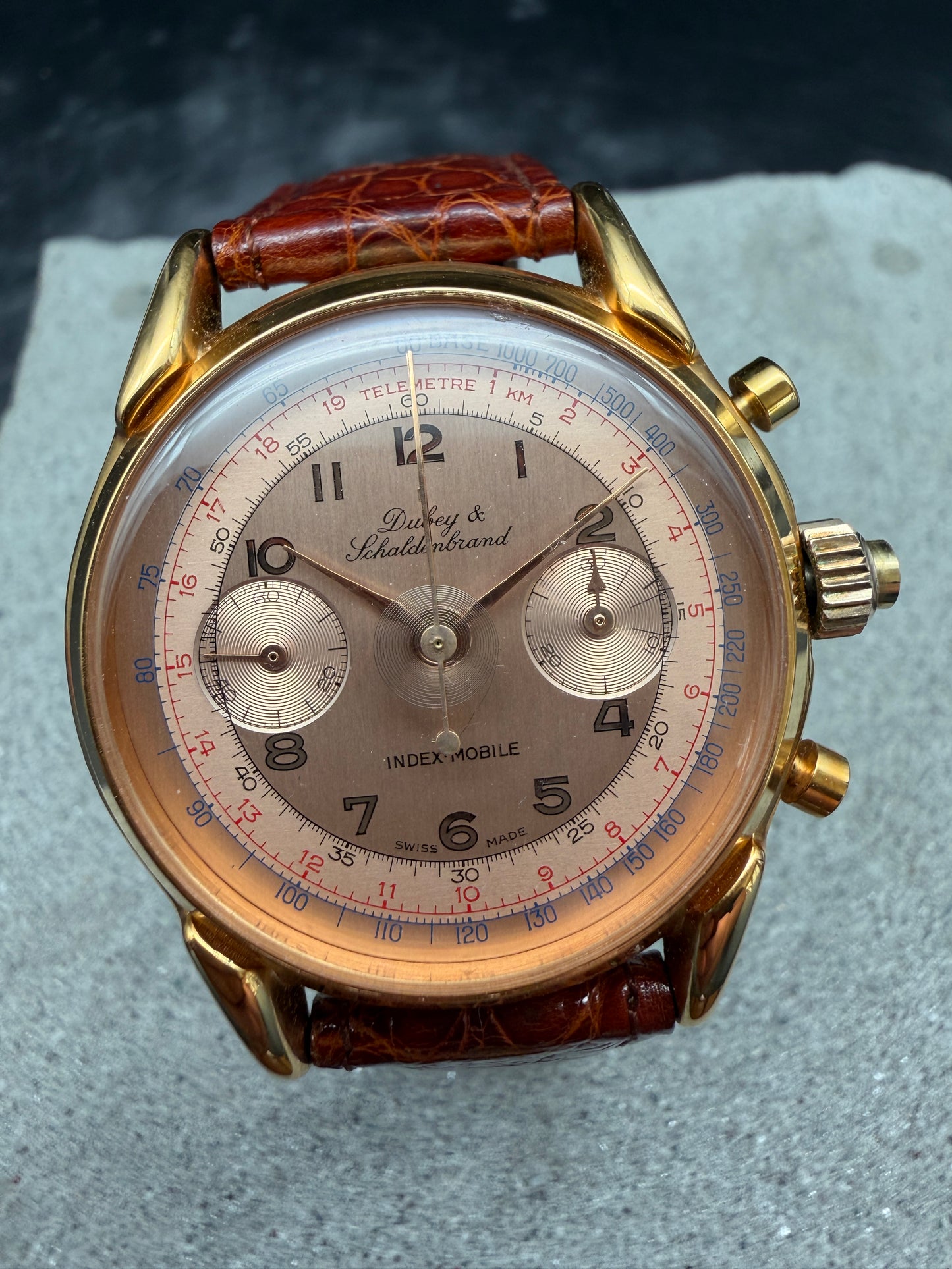 ORIGINAL DUBEY SCHALDENBRAND INDEX MOBILE GOLD CHRONOGRAPH HANDAUFZUG GLASBODEN
