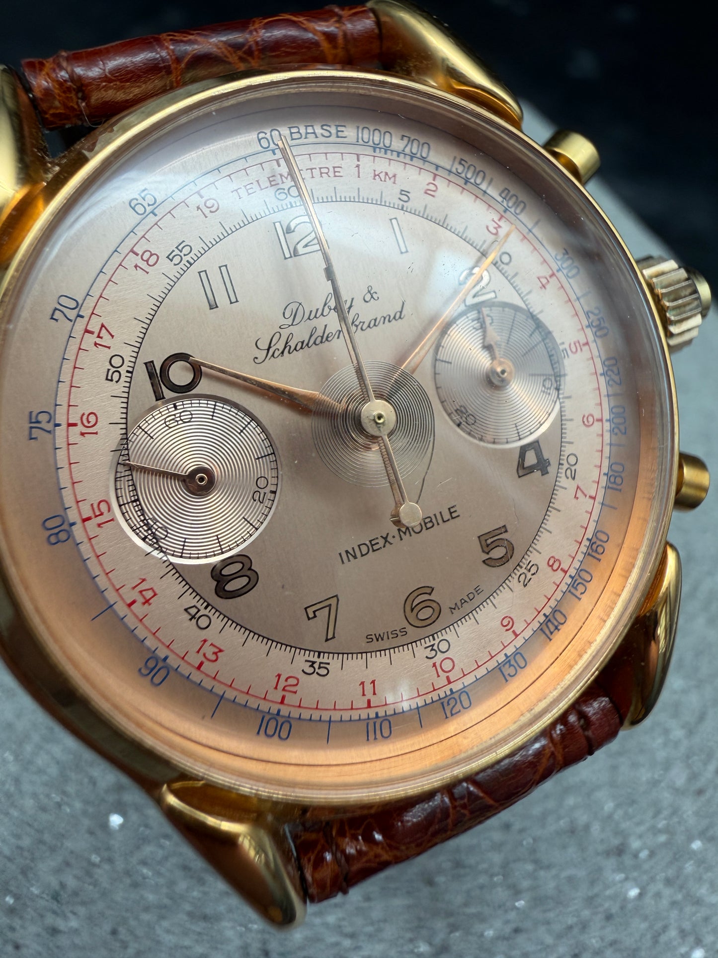 ORIGINAL DUBEY SCHALDENBRAND INDEX MOBILE GOLD CHRONOGRAPH HANDAUFZUG GLASBODEN