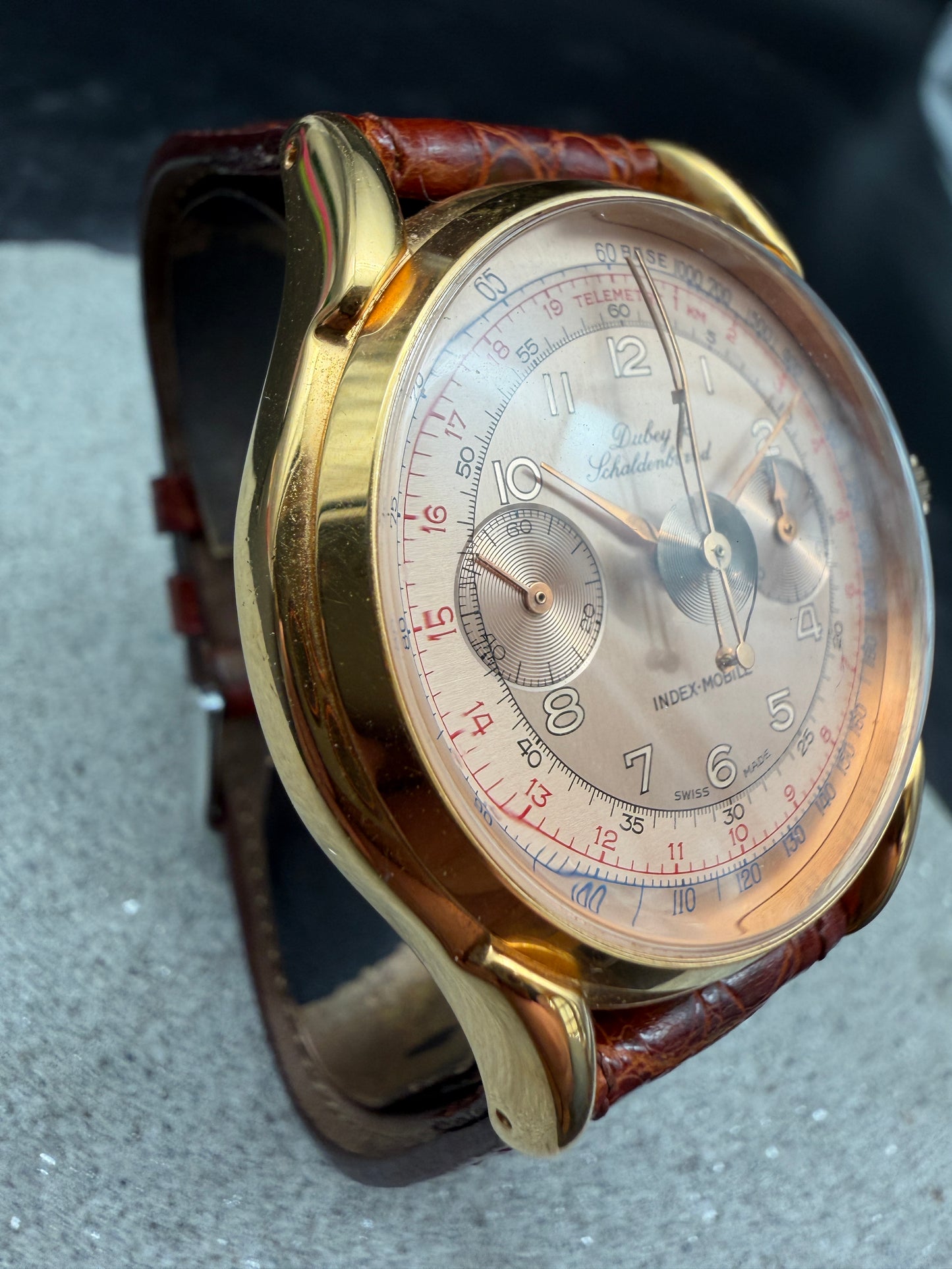 ORIGINAL DUBEY SCHALDENBRAND INDEX MOBILE GOLD CHRONOGRAPH HANDAUFZUG GLASBODEN