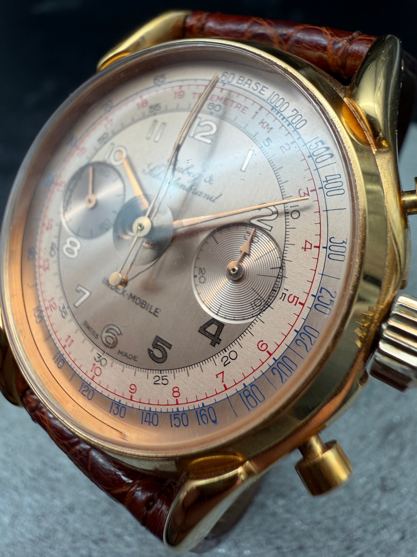 ORIGINAL DUBEY SCHALDENBRAND INDEX MOBILE GOLD CHRONOGRAPH HANDAUFZUG GLASBODEN