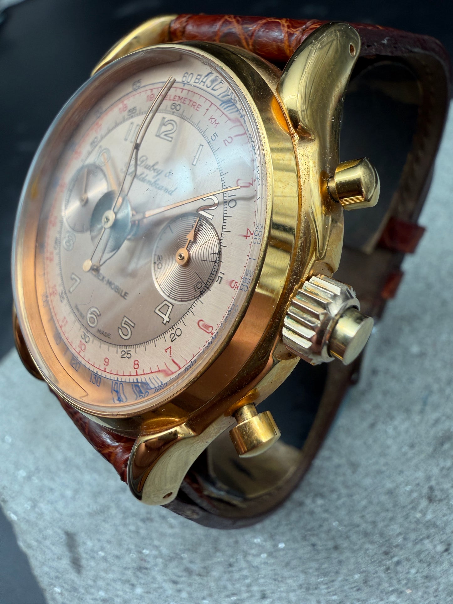 ORIGINAL DUBEY SCHALDENBRAND INDEX MOBILE GOLD CHRONOGRAPH HANDAUFZUG GLASBODEN