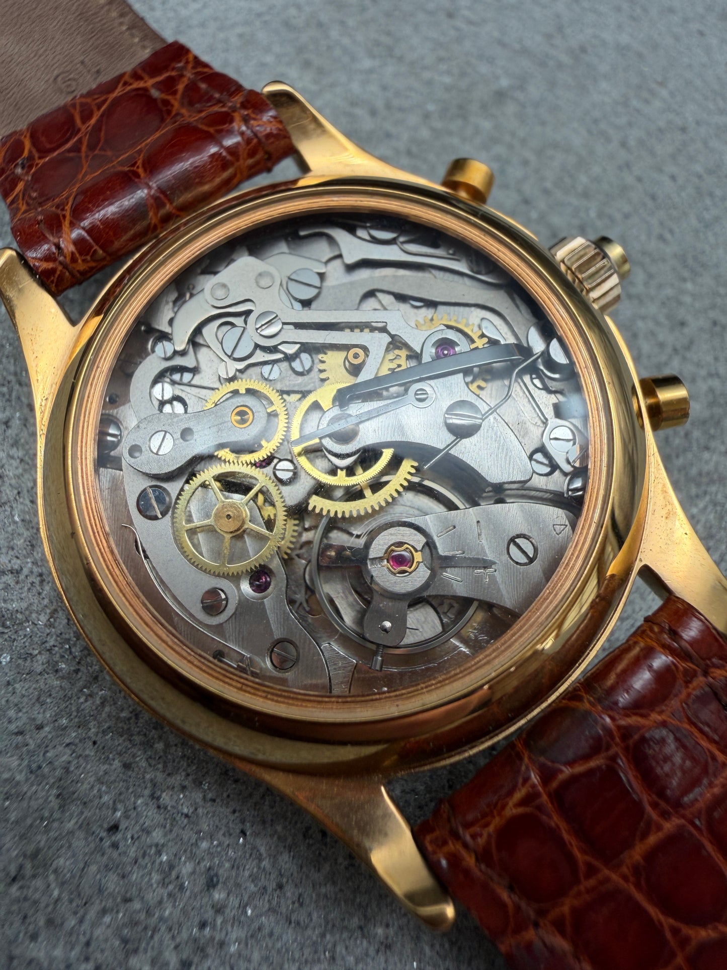 ORIGINAL DUBEY SCHALDENBRAND INDEX MOBILE GOLD CHRONOGRAPH HANDAUFZUG GLASBODEN