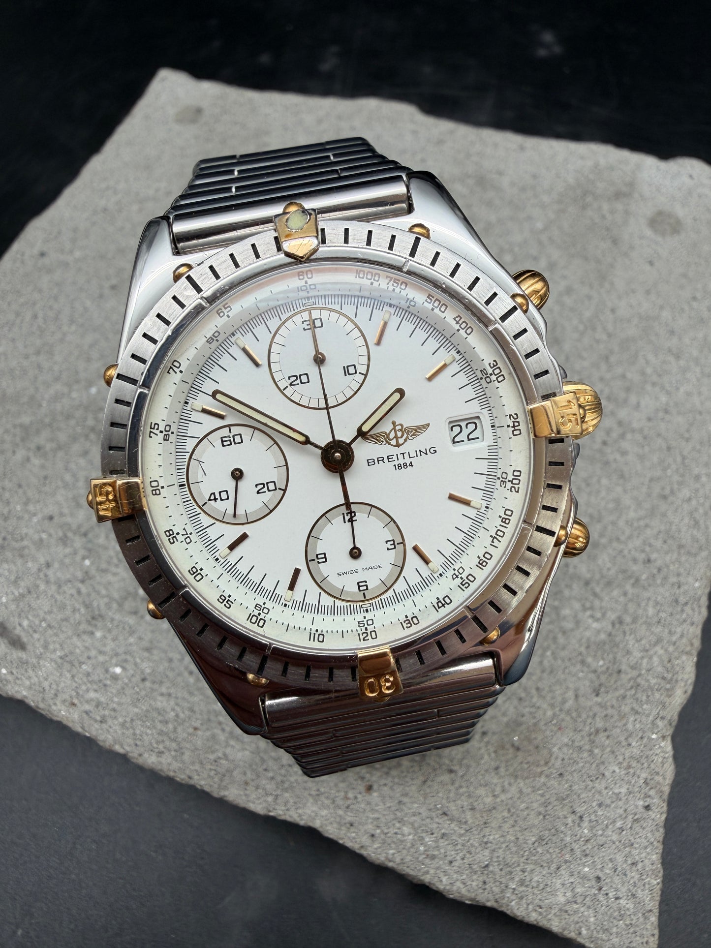 ORIGINAL BREITLING B13047 CHRONOMAT ALBINO WEIß STAHL / GOLD ROULEAUX 39mm UHR