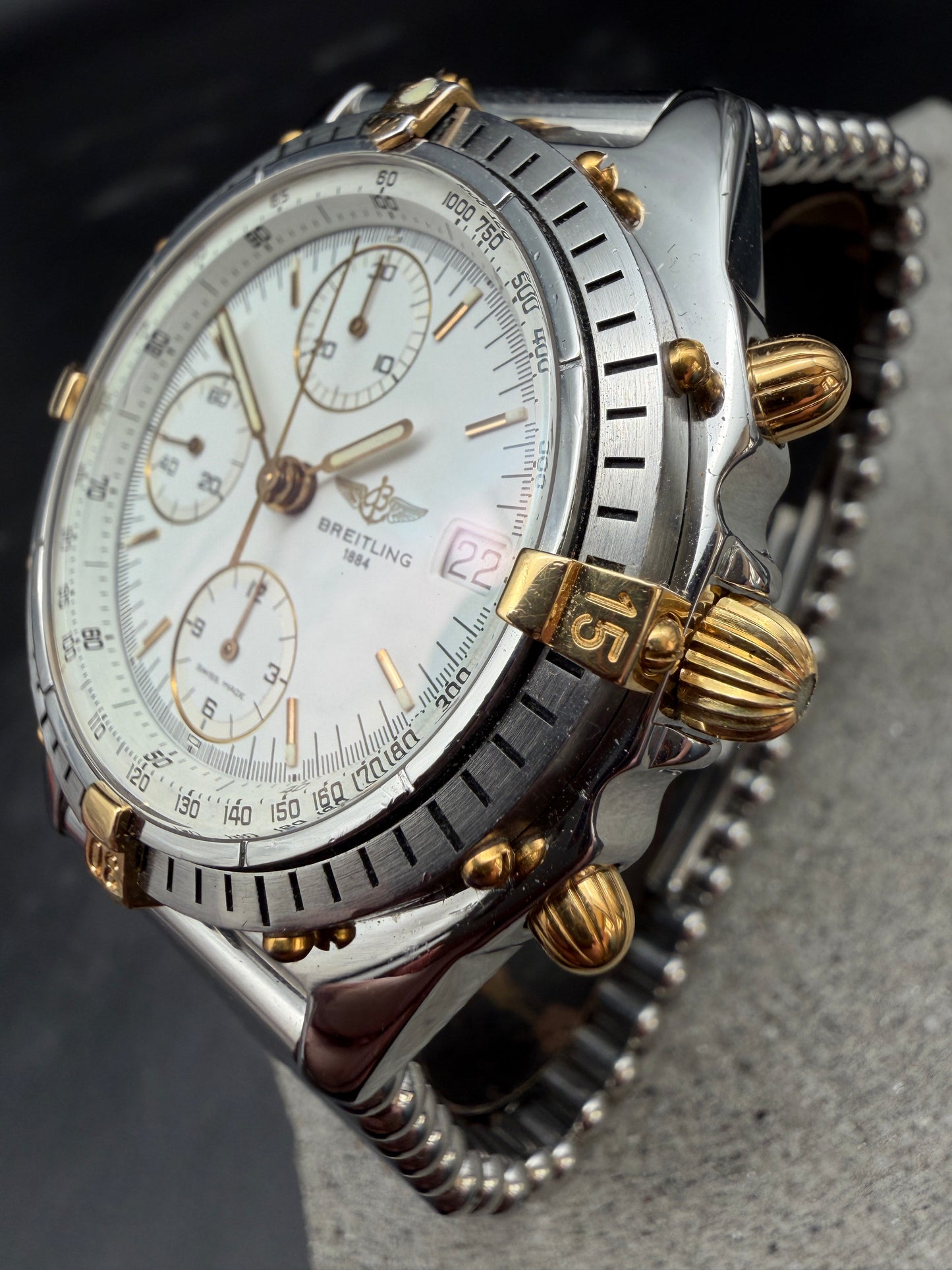 ORIGINAL BREITLING B13047 CHRONOMAT ALBINO WEIß STAHL / GOLD ROULEAUX 39mm UHR