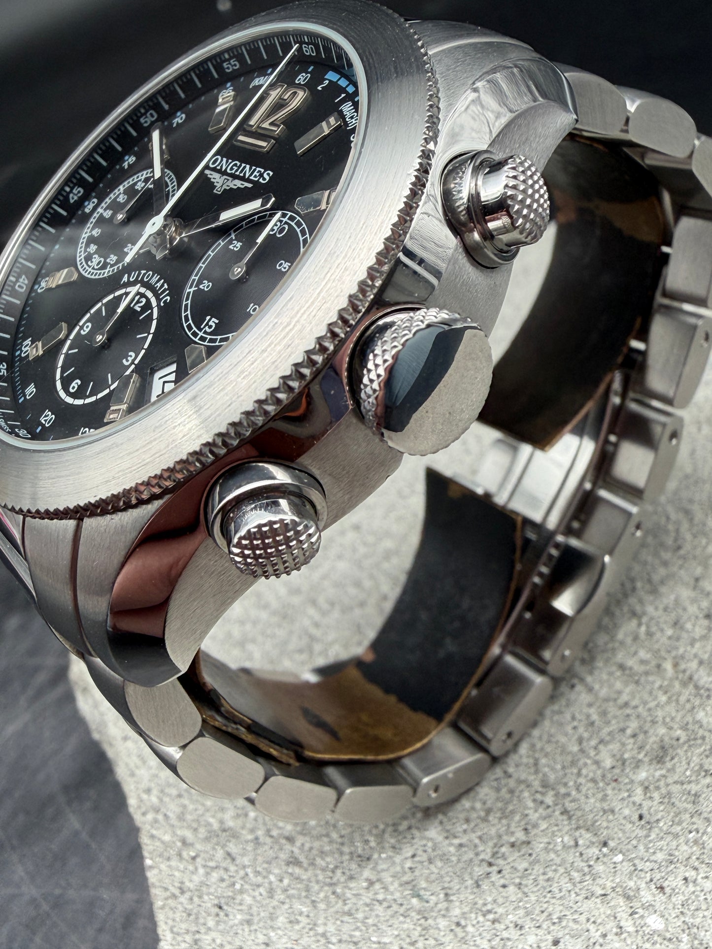 ORIGINAL LONGINES GRANDE VITESSE L3.635.4 AUTOMATIK CHRONOGRAPH GLASBODEN STAHL