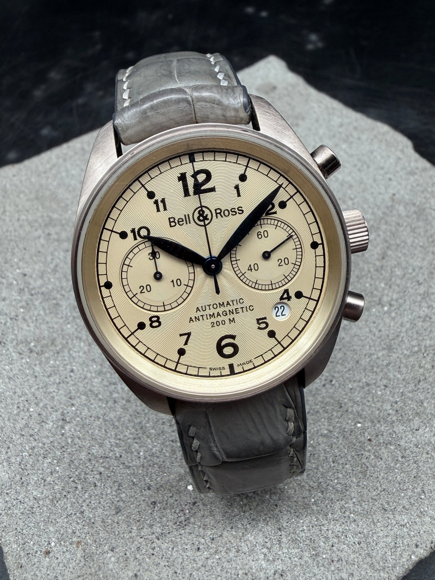 ORIGINAL BELL & ROSS 18K / 750 WEIßGOLD "GREY GOLD" VINTAGE 126 CHRONOGRAPH B&P