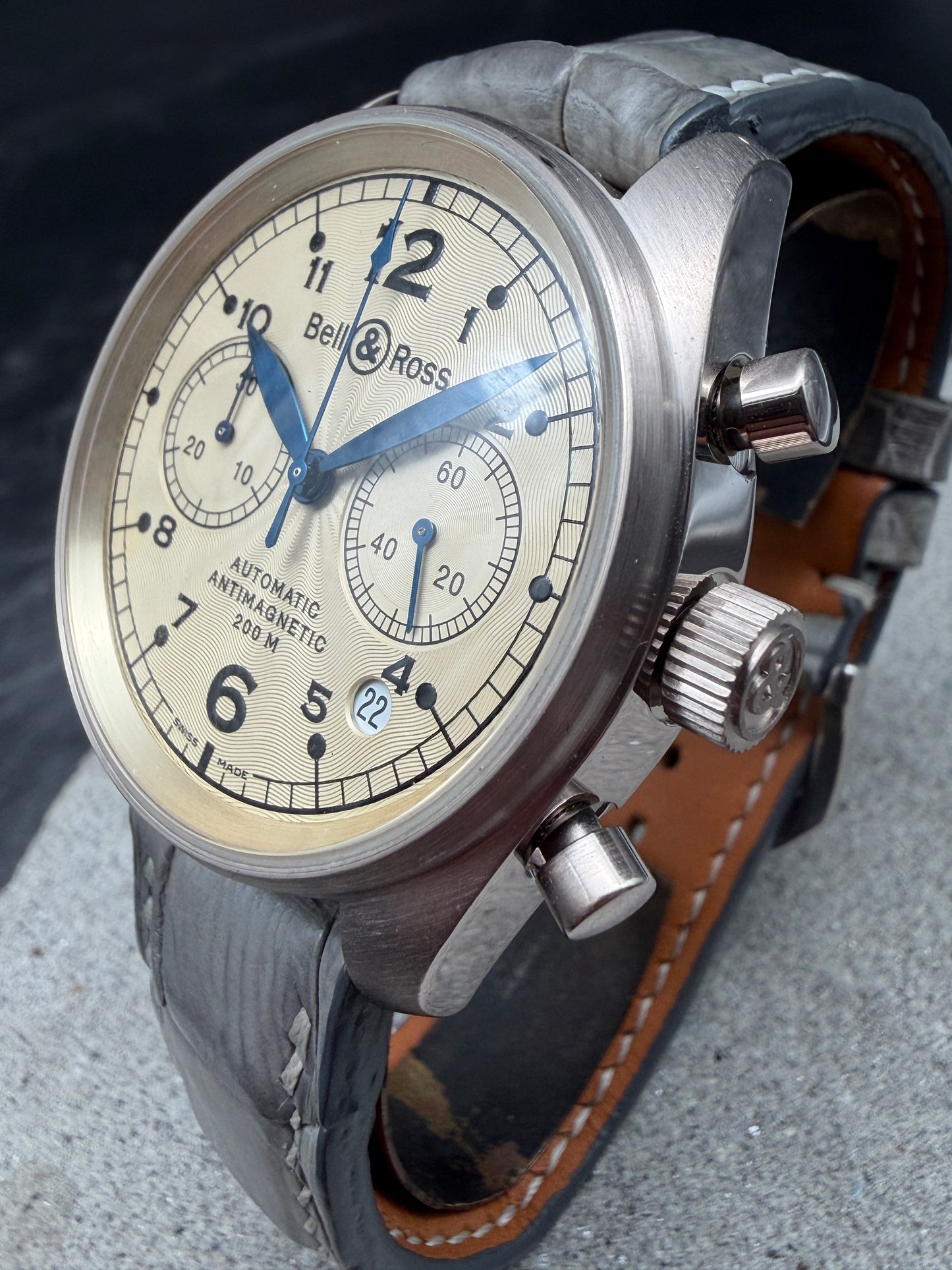 ORIGINAL BELL & ROSS 18K / 750 WEIßGOLD "GREY GOLD" VINTAGE 126 CHRONOGRAPH B&P