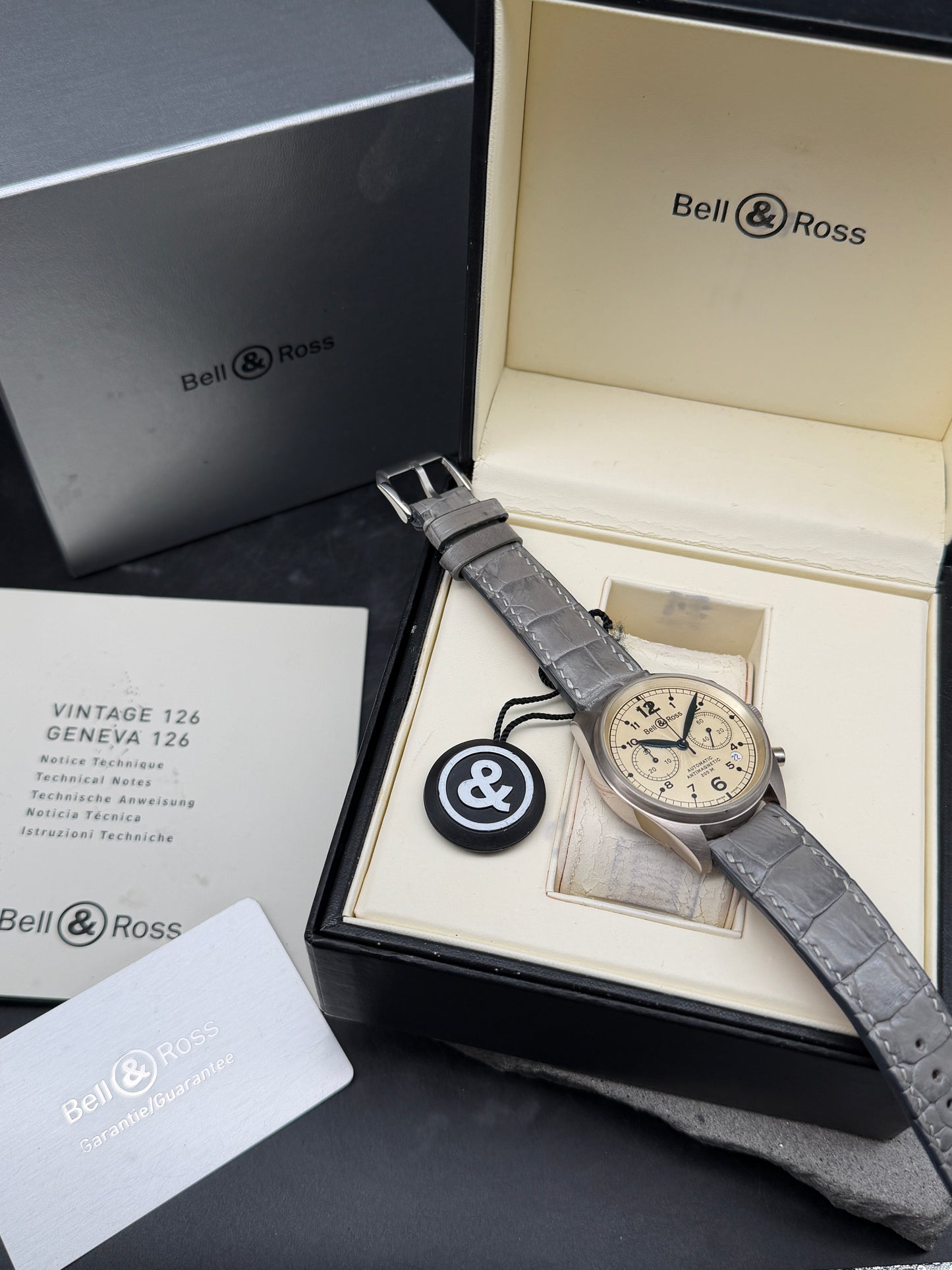 ORIGINAL BELL & ROSS 18K / 750 WEIßGOLD "GREY GOLD" VINTAGE 126 CHRONOGRAPH B&P